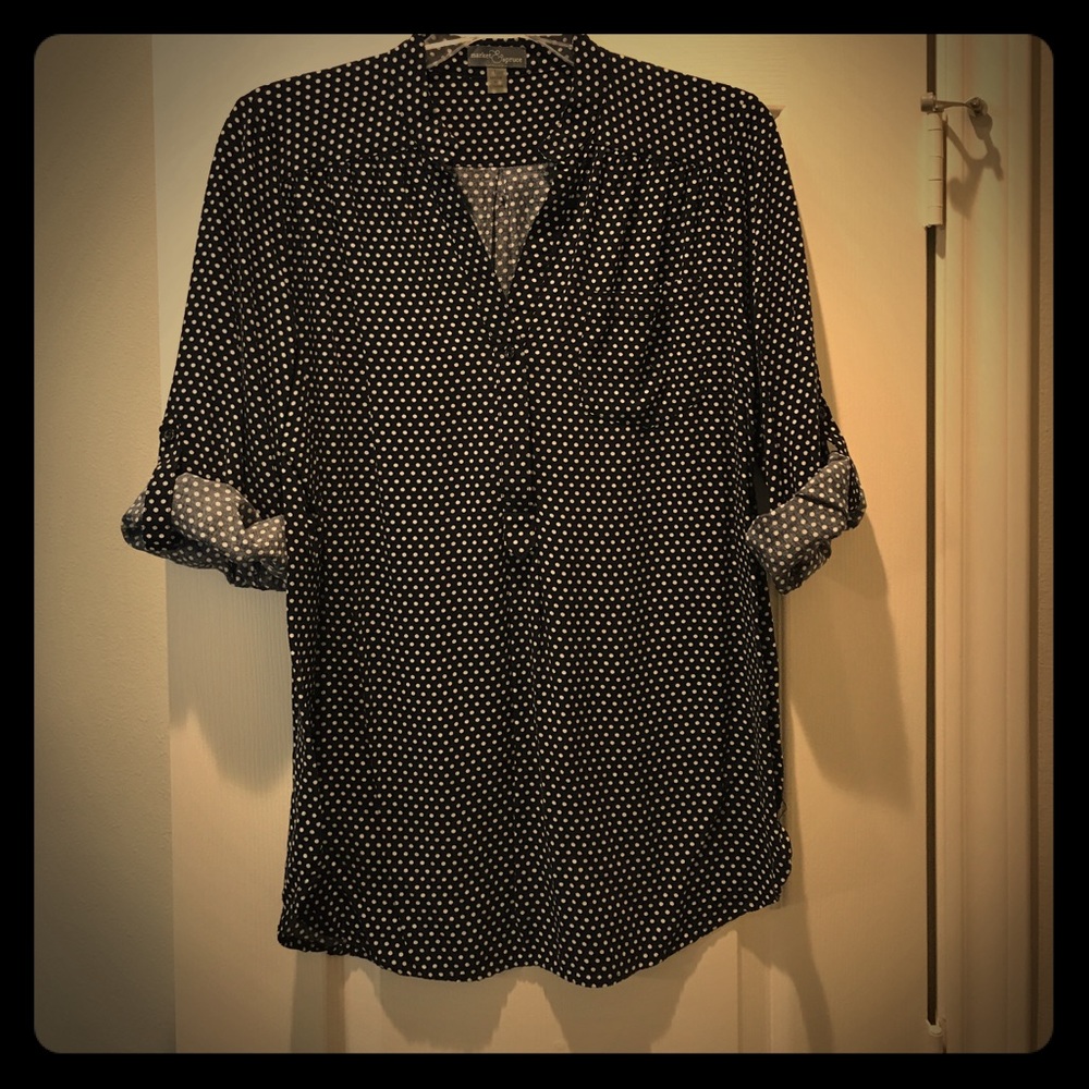 Navy and white polka dot tab-sleeve tunic blouse L